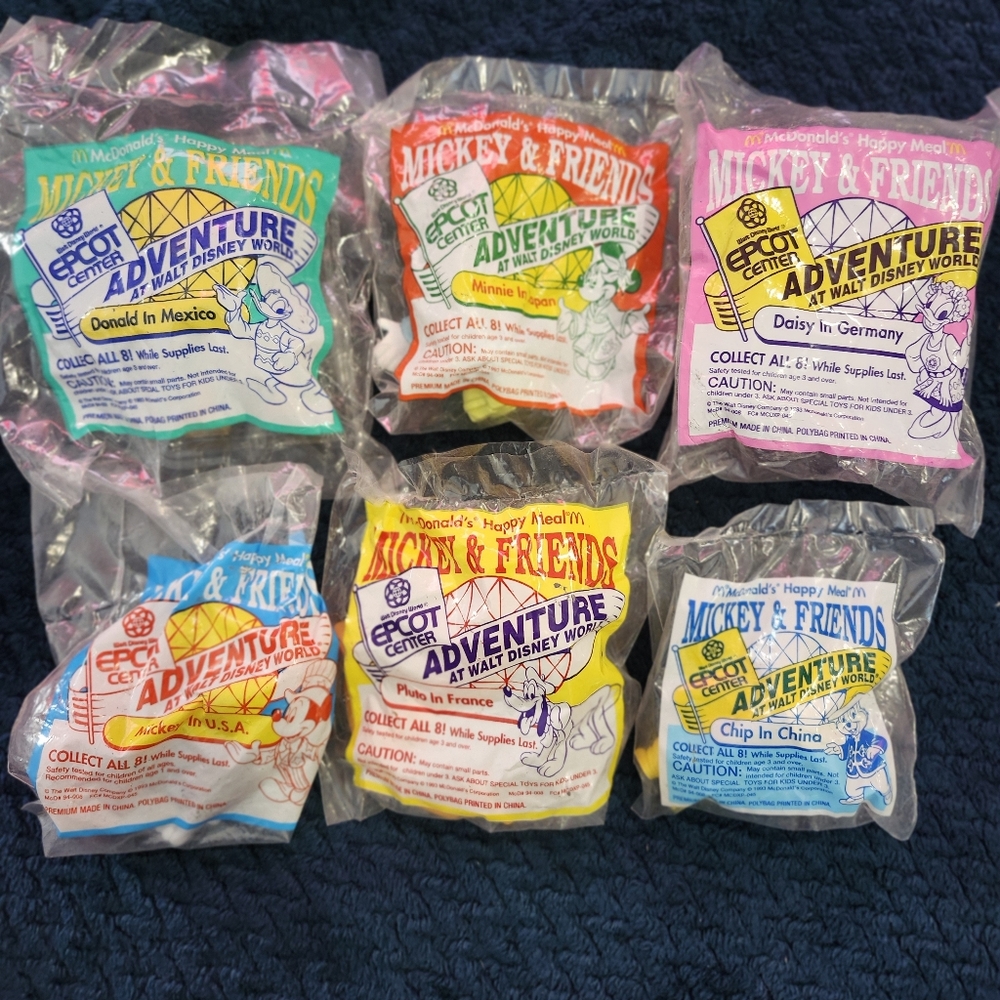vintage McDonald's Happy Meal toys from a 1980s "Mickey & Friends EPCOT Center
